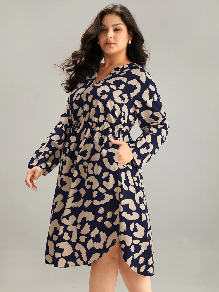 Geometric Pocket Elastic Waist Arc Hem Dress - Image 3