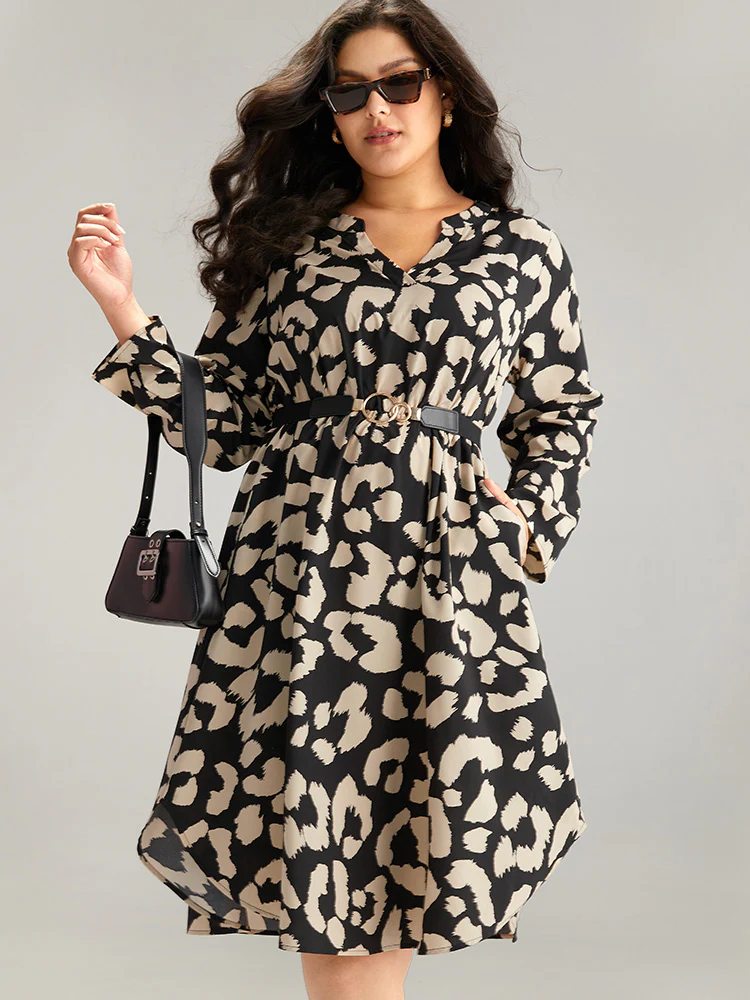 Geometric Pocket Elastic Waist Arc Hem Dress - Image 6