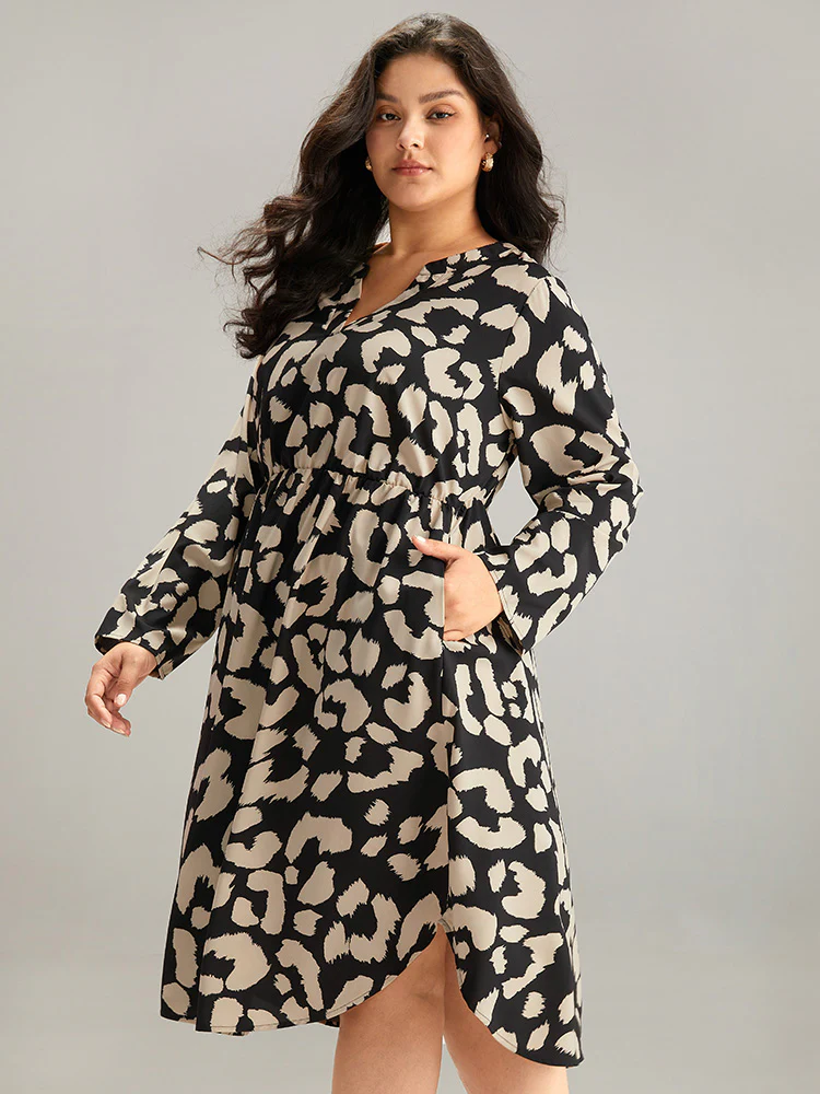Geometric Pocket Elastic Waist Arc Hem Dress - Image 8