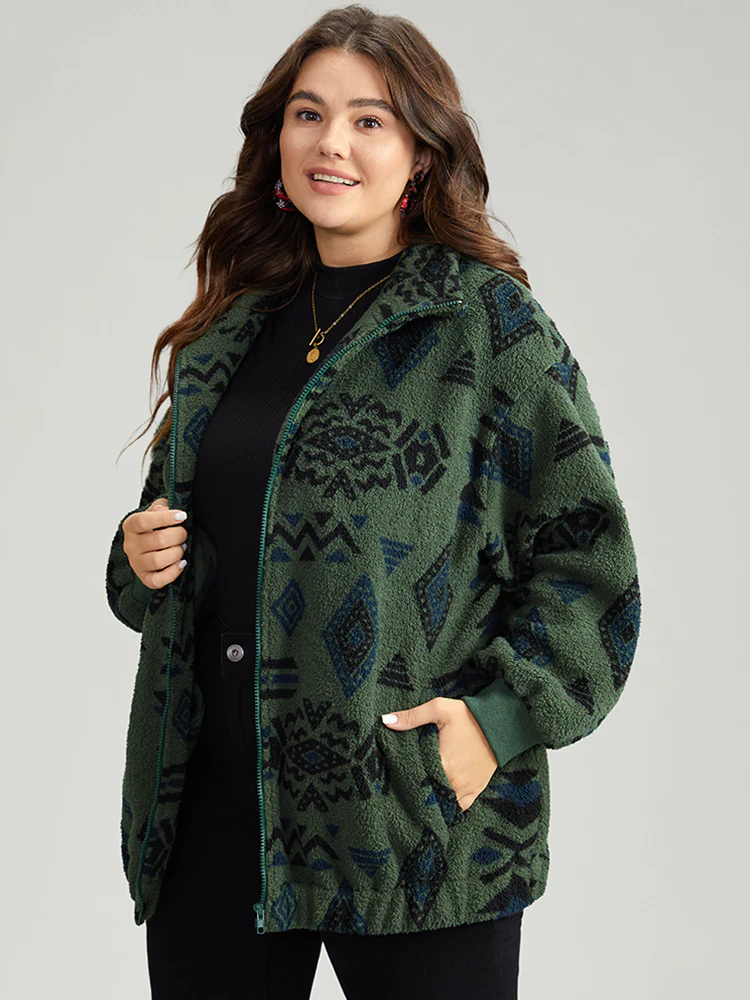 Geometric Pocket Gathered Zipper Jacket - Image 2