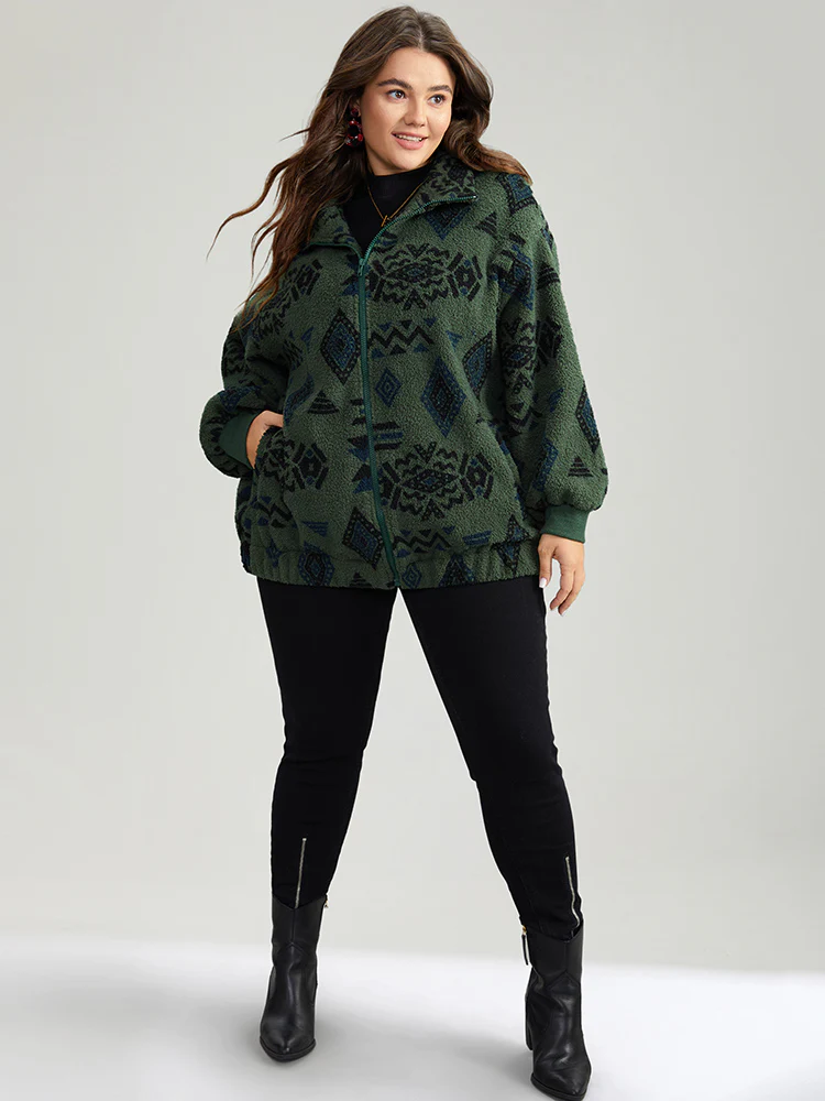 Geometric Pocket Gathered Zipper Jacket - Image 3