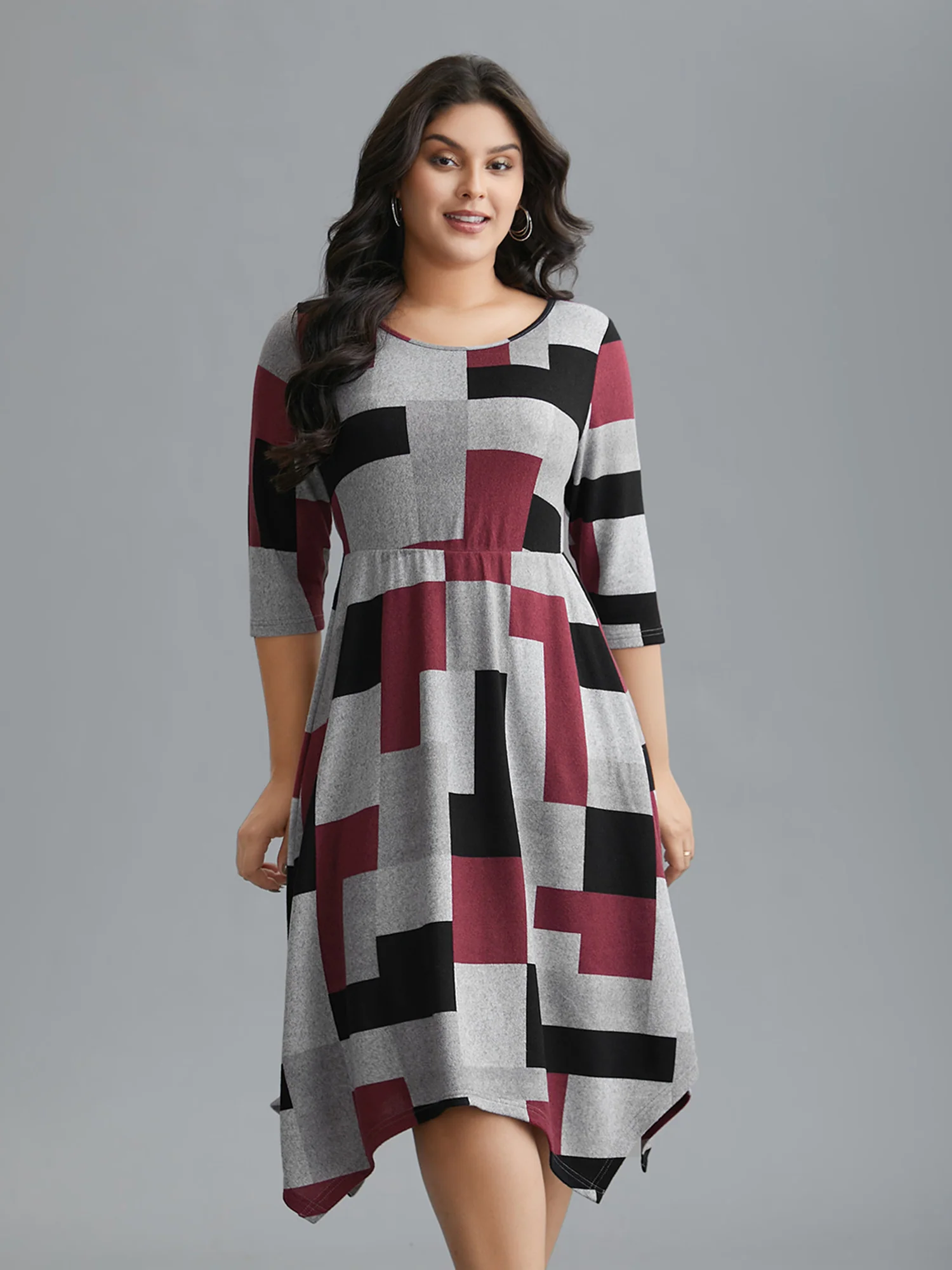 Geometric Print Asymmetrical Hem Midi Dress - Image 2