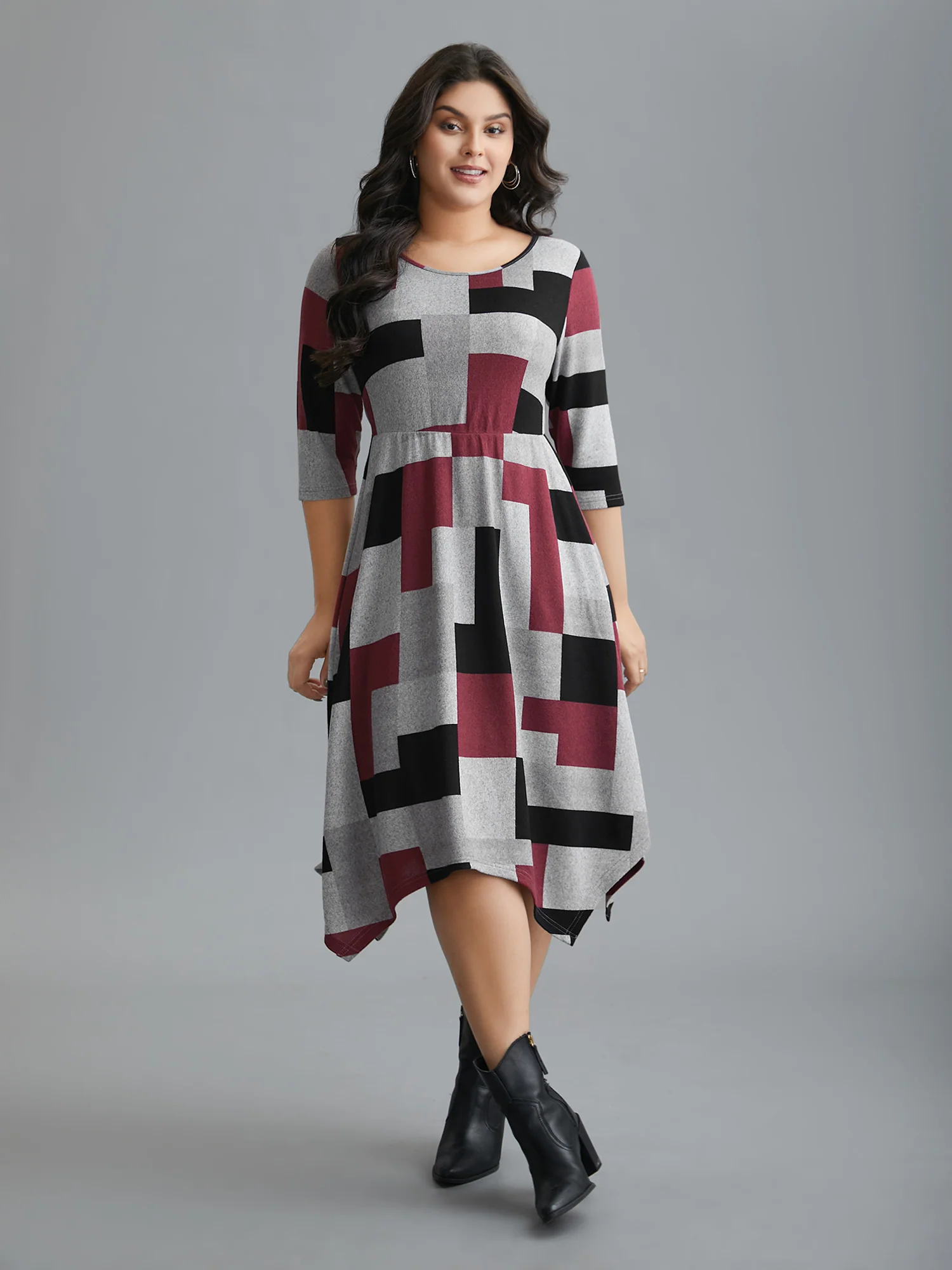 Geometric Print Asymmetrical Hem Midi Dress - Image 3