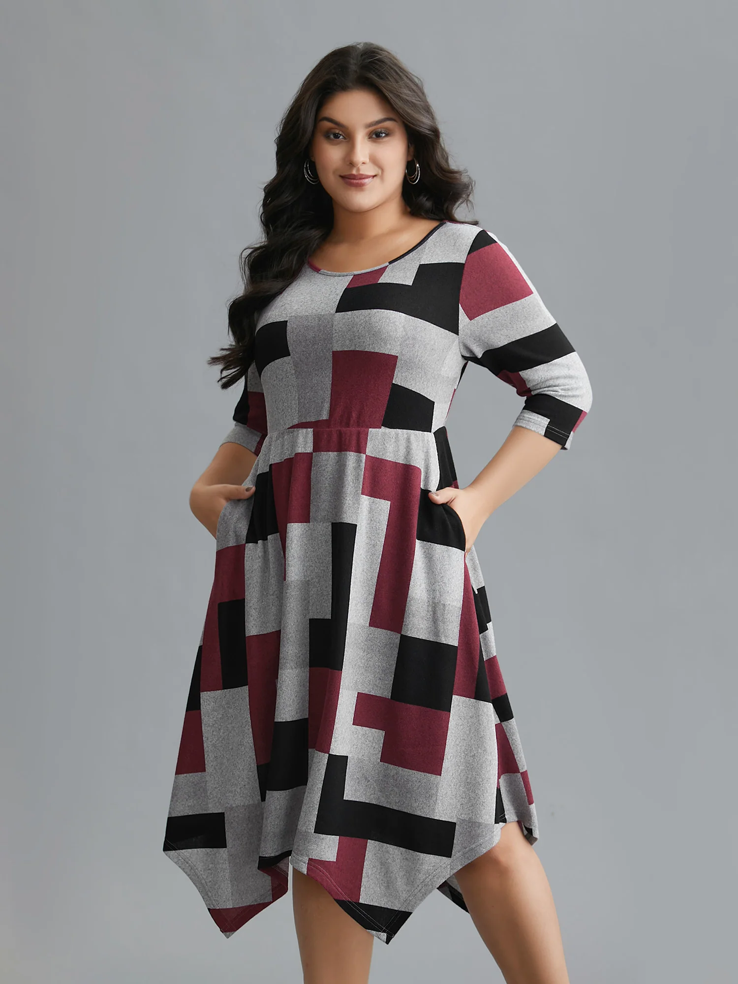 Geometric Print Asymmetrical Hem Midi Dress - Image 4