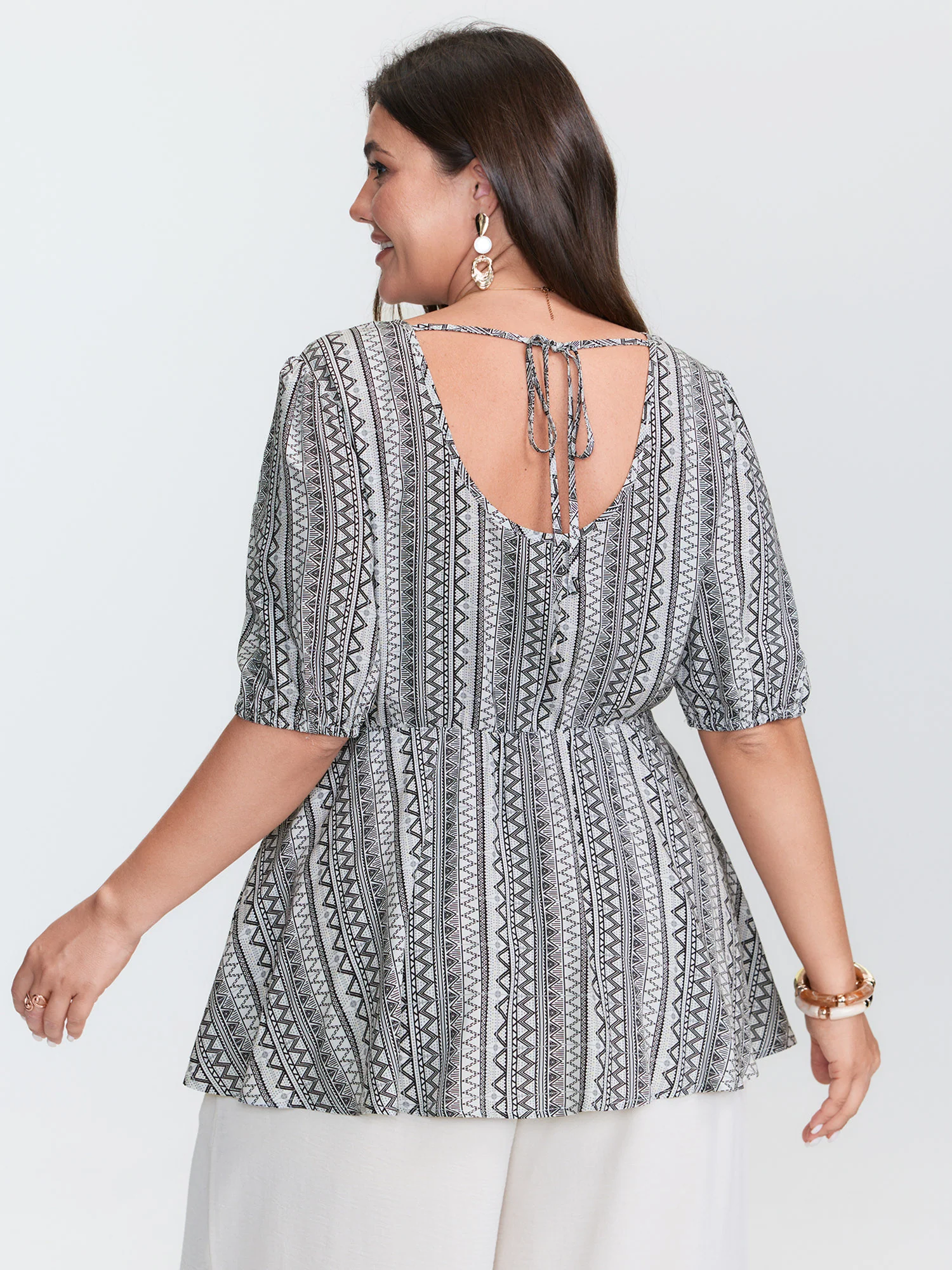 Geometric Print Back-Tie Blouse - Image 2
