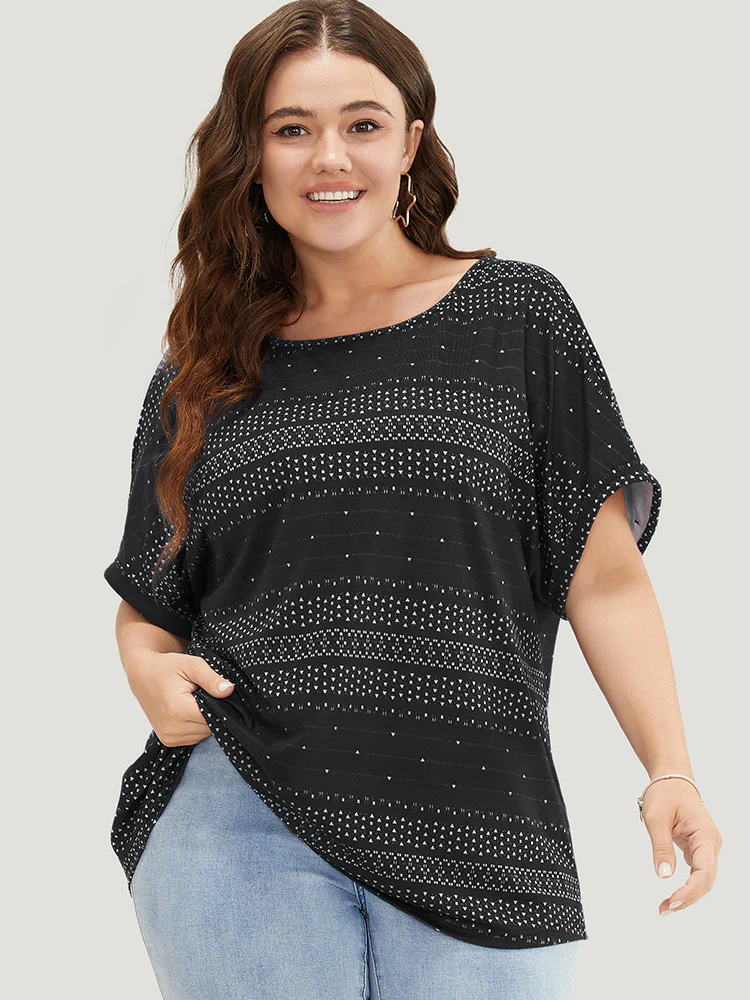 Geometric Print Backless Roll Dolman Sleeve T-shirt - Image 2