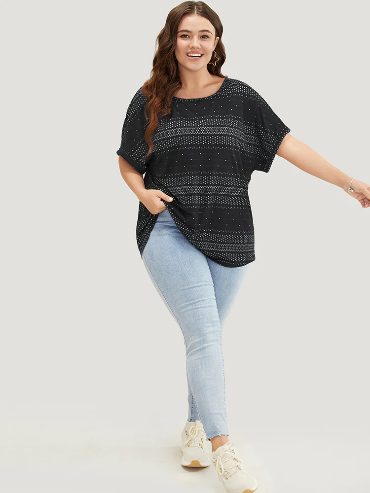 Geometric Print Backless Roll Dolman Sleeve T-shirt - Image 3