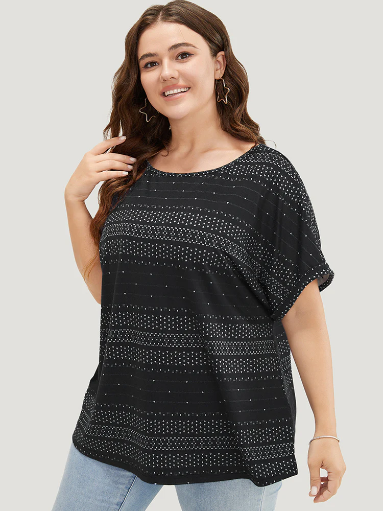 Geometric Print Backless Roll Dolman Sleeve T-shirt - Image 4