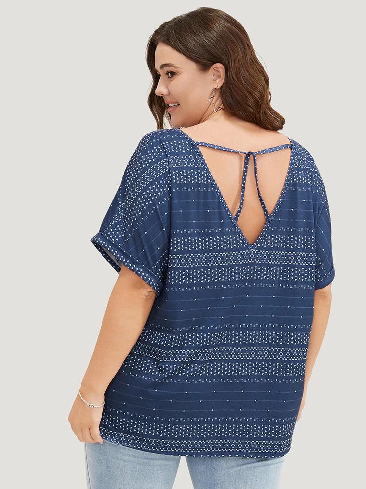 Geometric Print Backless Roll Dolman Sleeve T-shirt - Image 5