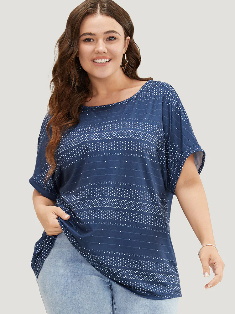 Geometric Print Backless Roll Dolman Sleeve T-shirt - Image 6