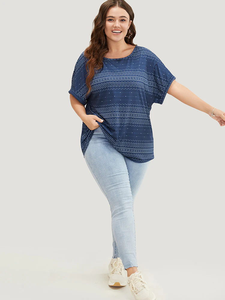 Geometric Print Backless Roll Dolman Sleeve T-shirt - Image 7
