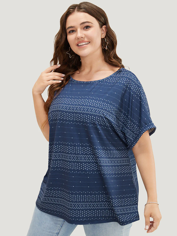 Geometric Print Backless Roll Dolman Sleeve T-shirt - Image 9