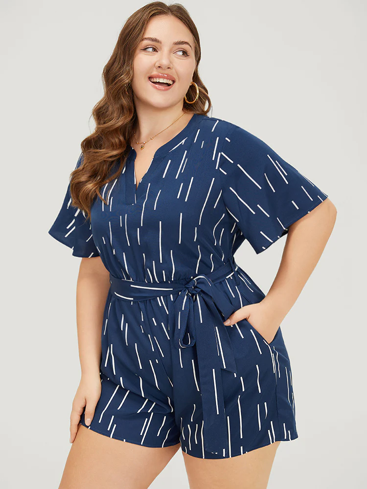 Geometric Print Belt Notched Neck Romper - Image 2