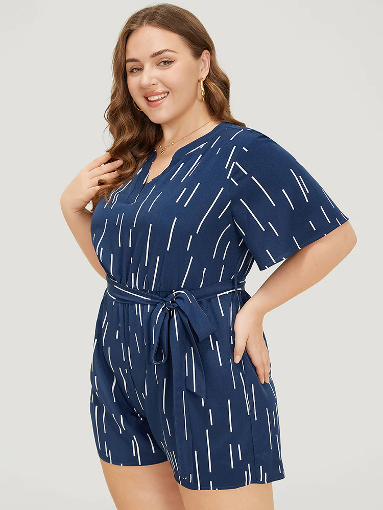 Geometric Print Belt Notched Neck Romper - Image 3