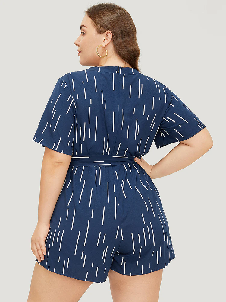 Geometric Print Belt Notched Neck Romper - Image 4