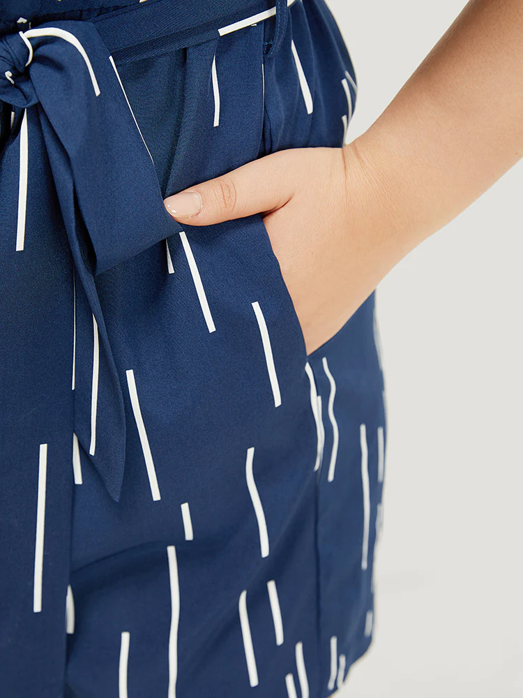 Geometric Print Belt Notched Neck Romper - Image 8