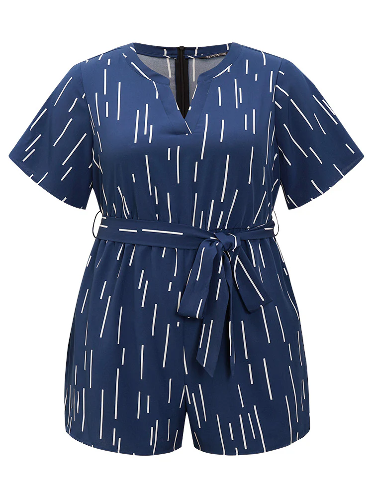 Geometric Print Belt Notched Neck Romper - Image 9