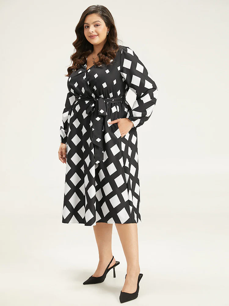 Geometric Print Belted Lantern Sleeve Dress - Image 3