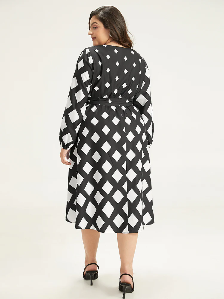 Geometric Print Belted Lantern Sleeve Dress - Image 5
