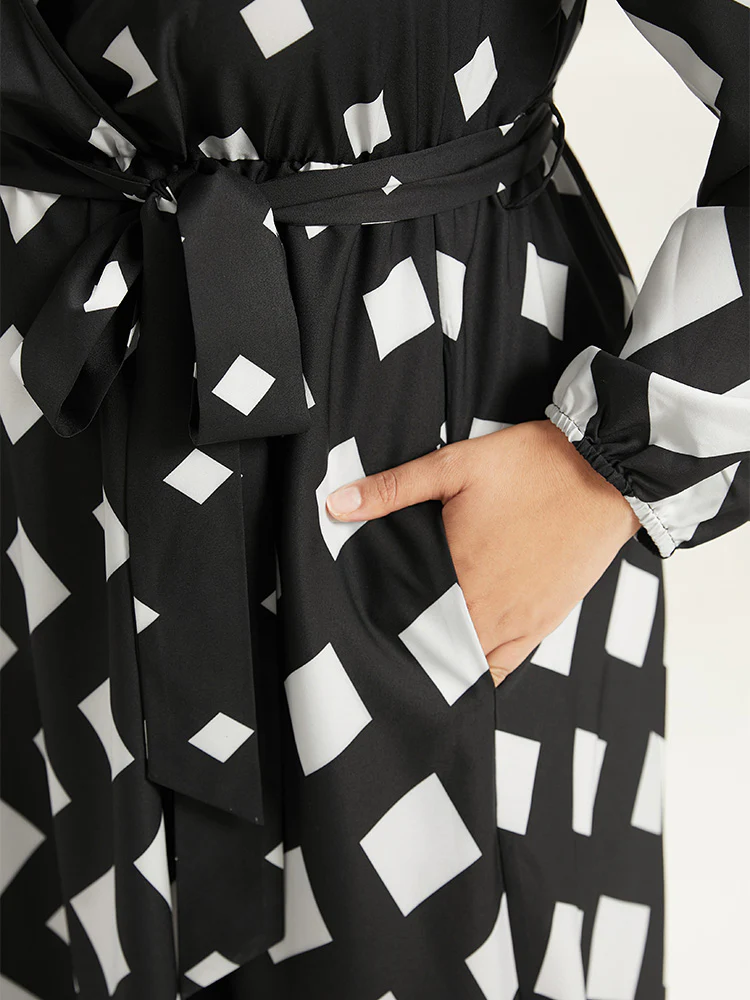 Geometric Print Belted Lantern Sleeve Dress - Image 7