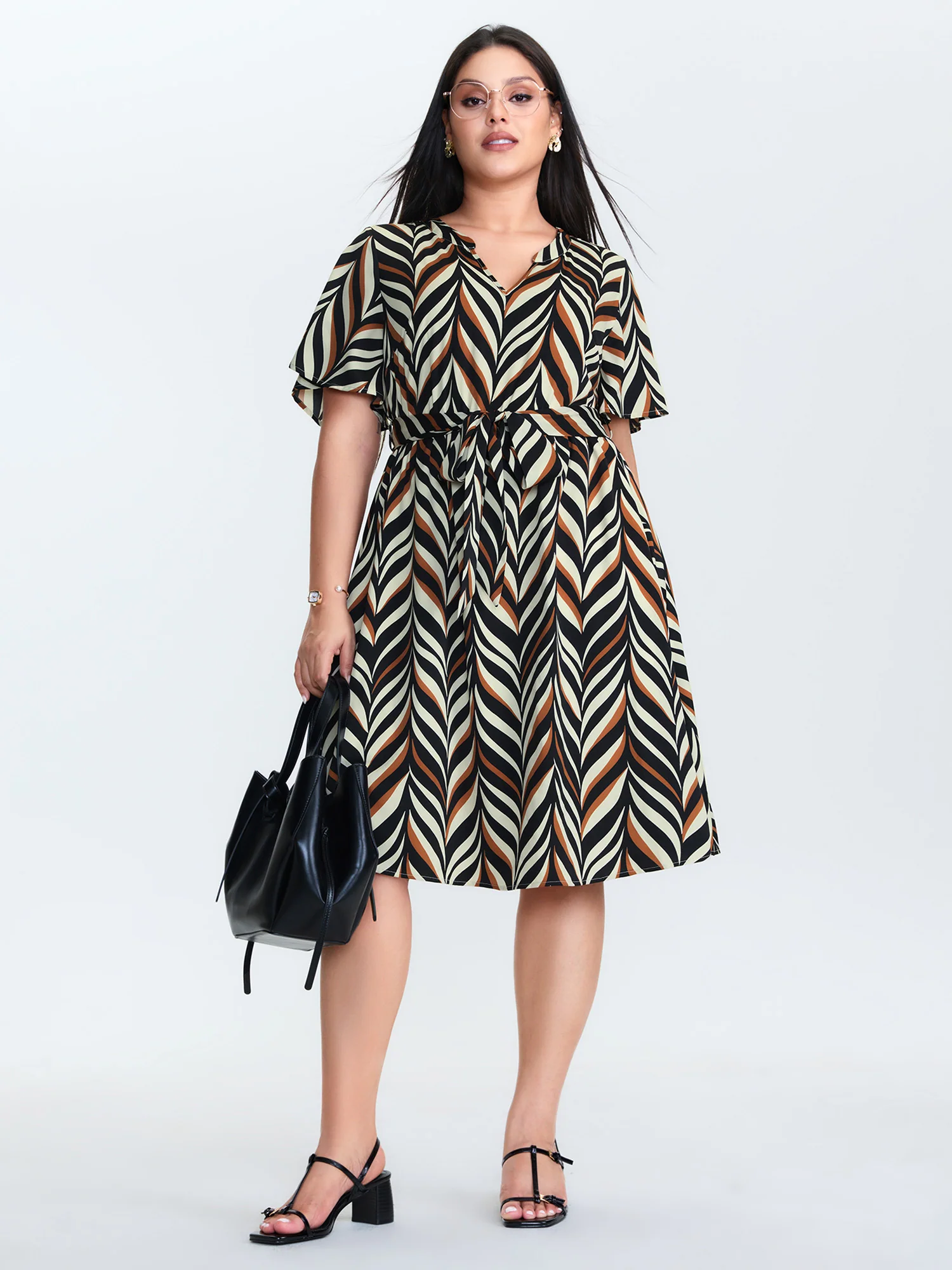 Geometric Print Belted Waist Flared Sleeve Midi Dress - Image 3