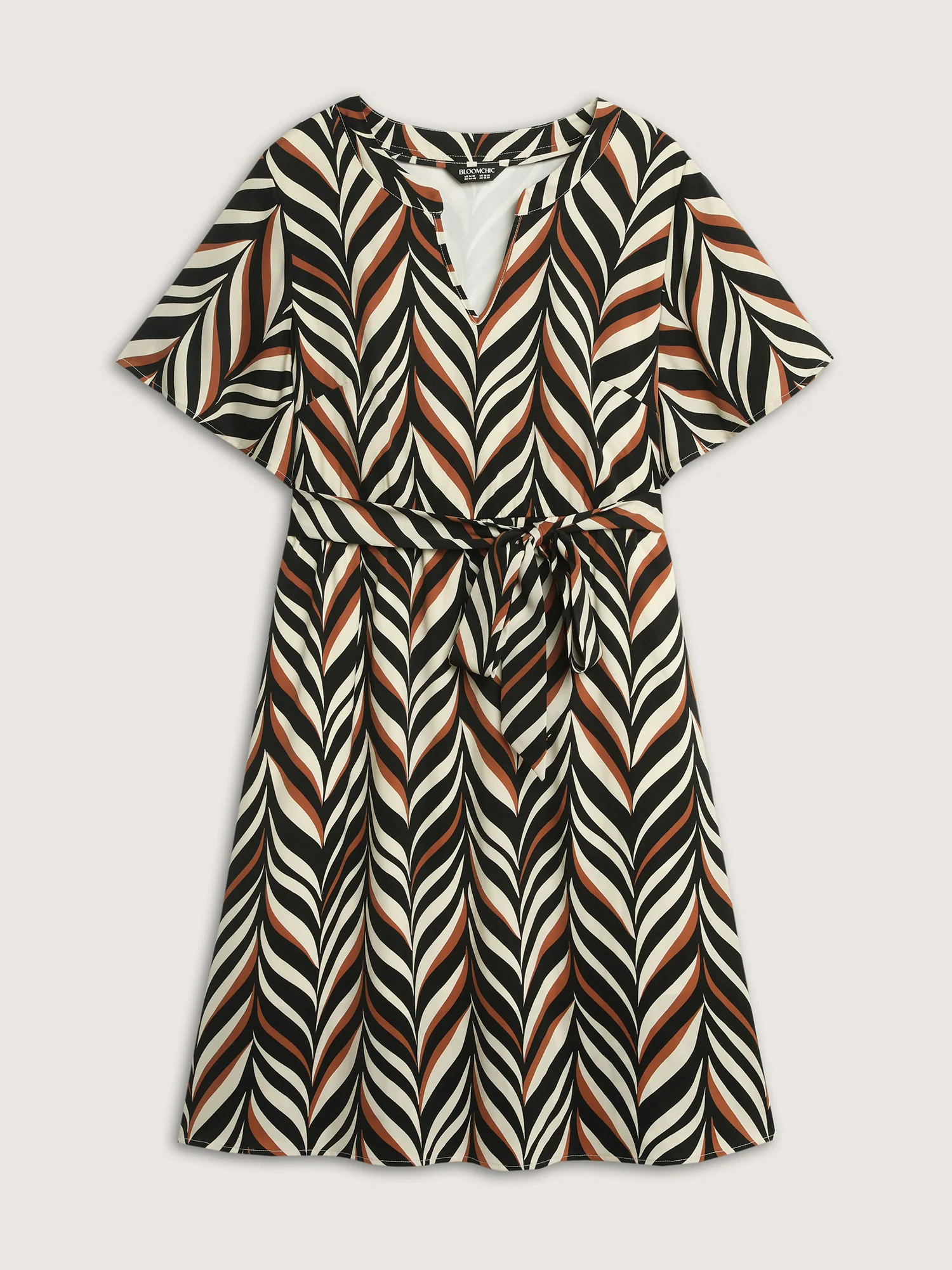 Geometric Print Belted Waist Flared Sleeve Midi Dress - Image 7