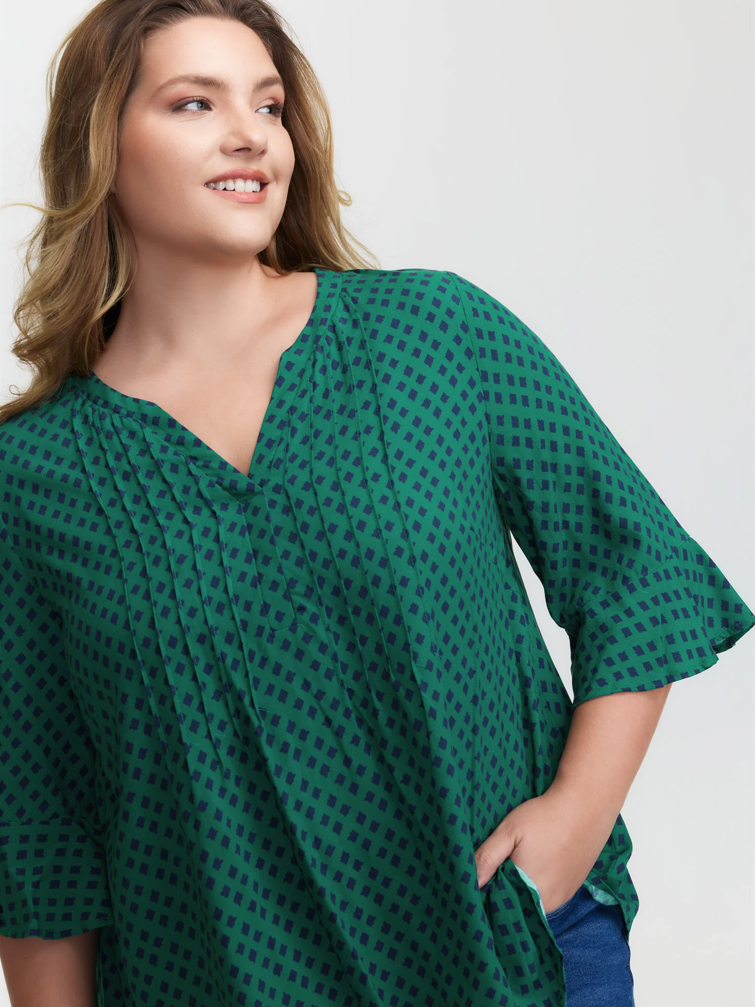 Geometric Print Bust-Ease Split Neck Blouse - Image 2