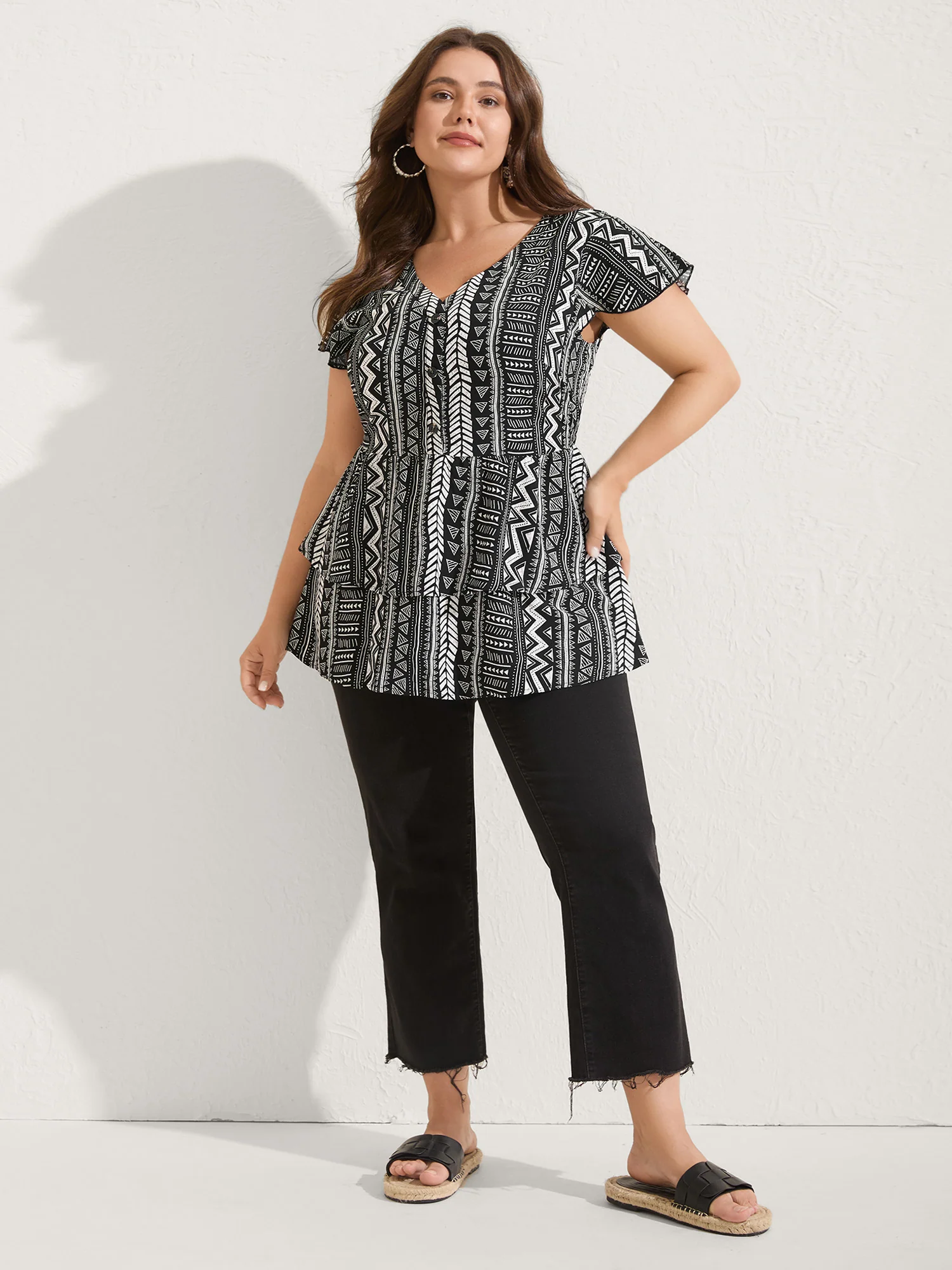 Geometric Print Button Layered Blouse - Image 3