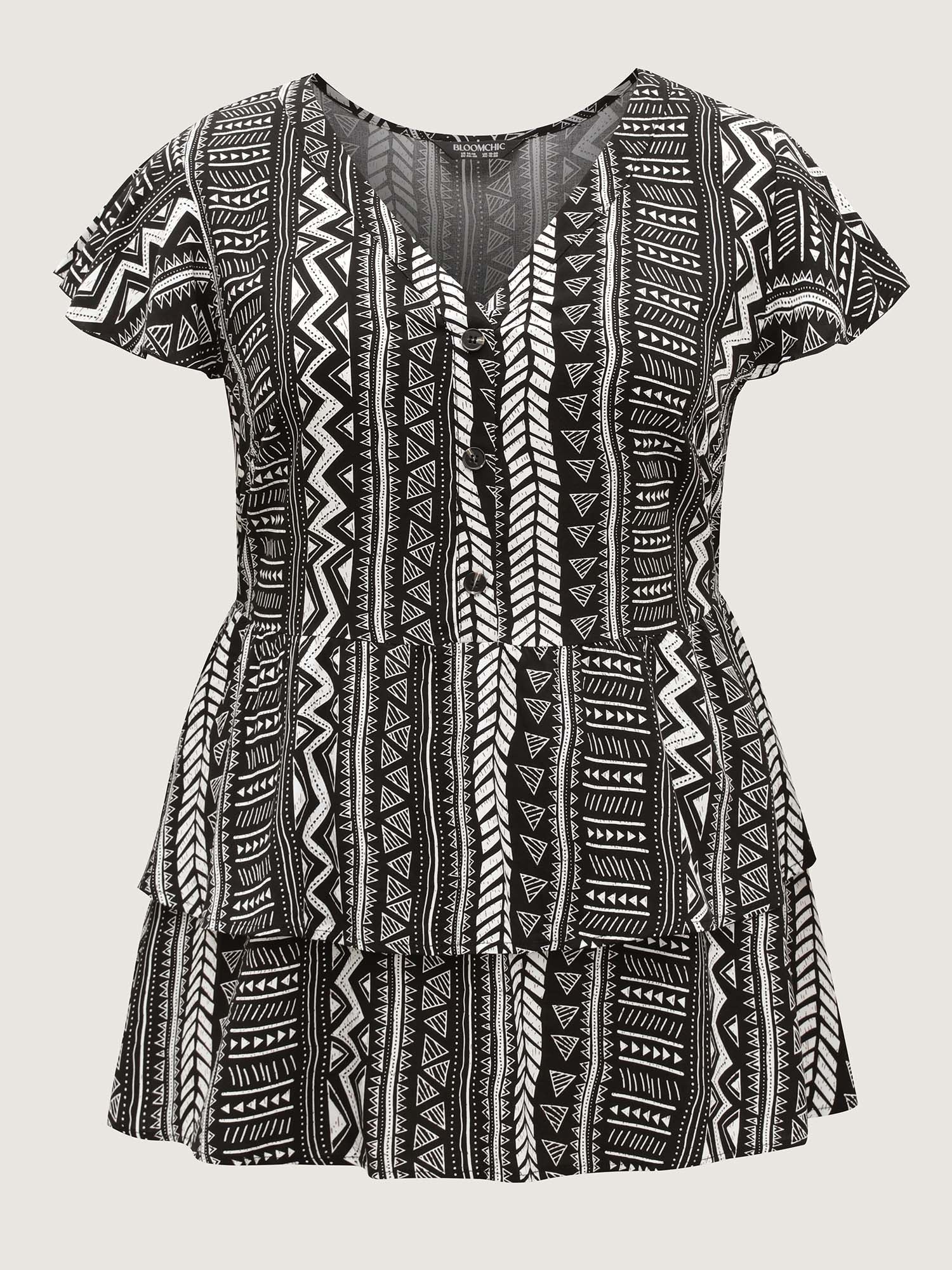 Geometric Print Button Layered Blouse - Image 7