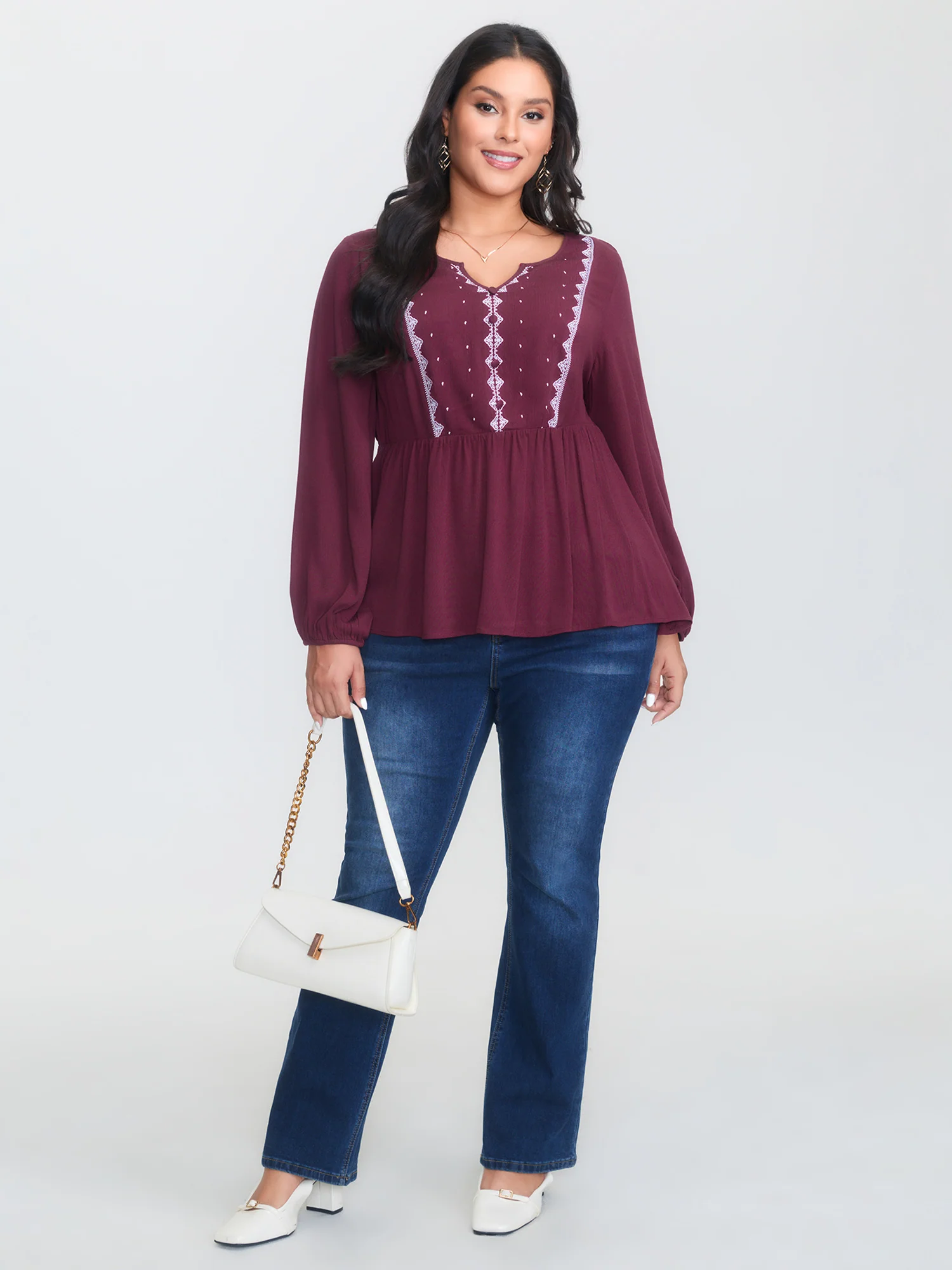 Geometric Print Cinched Flared Blouse - Image 3