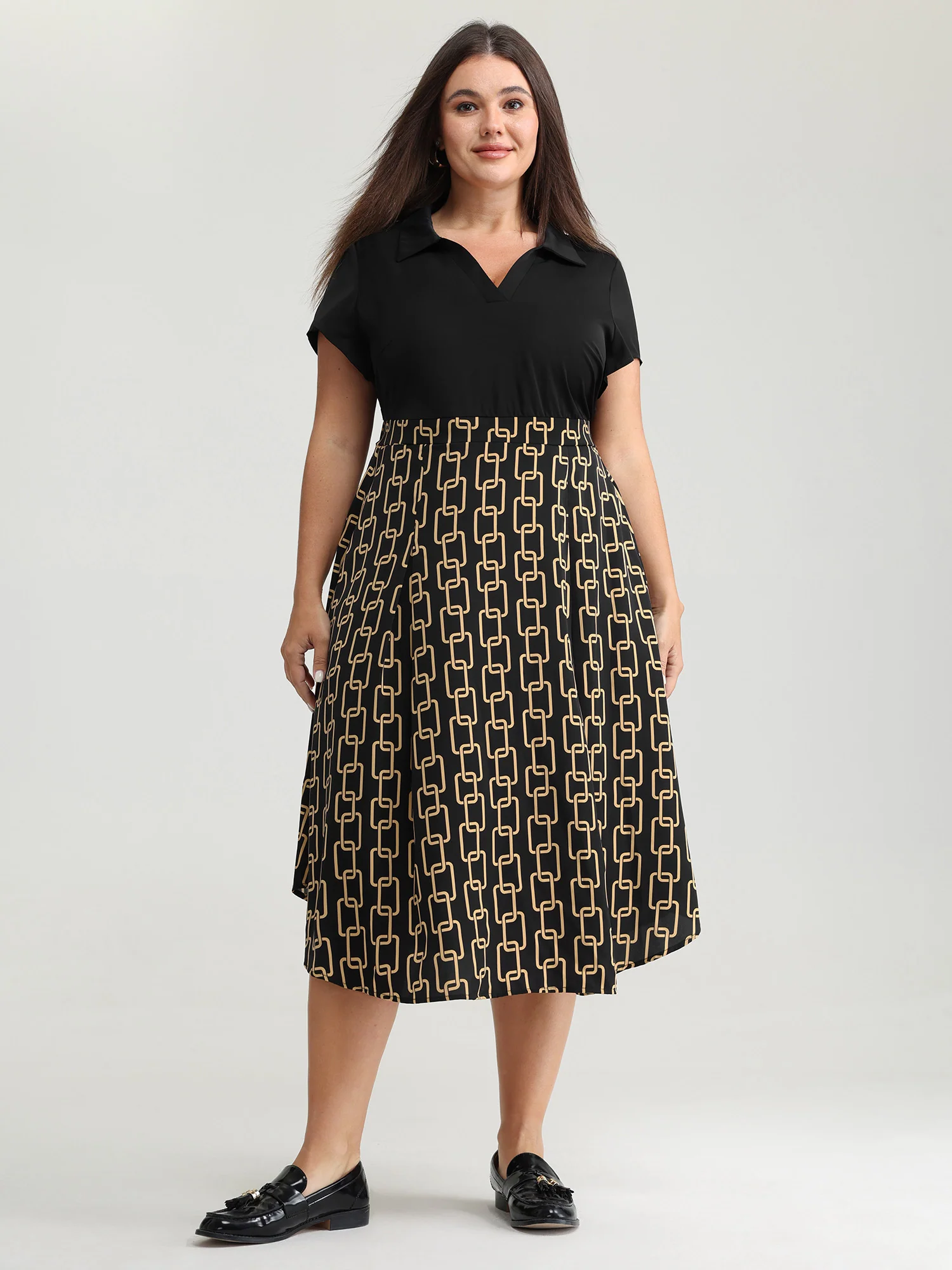 Geometric Print Collar Contrast Midi Dress - Image 3