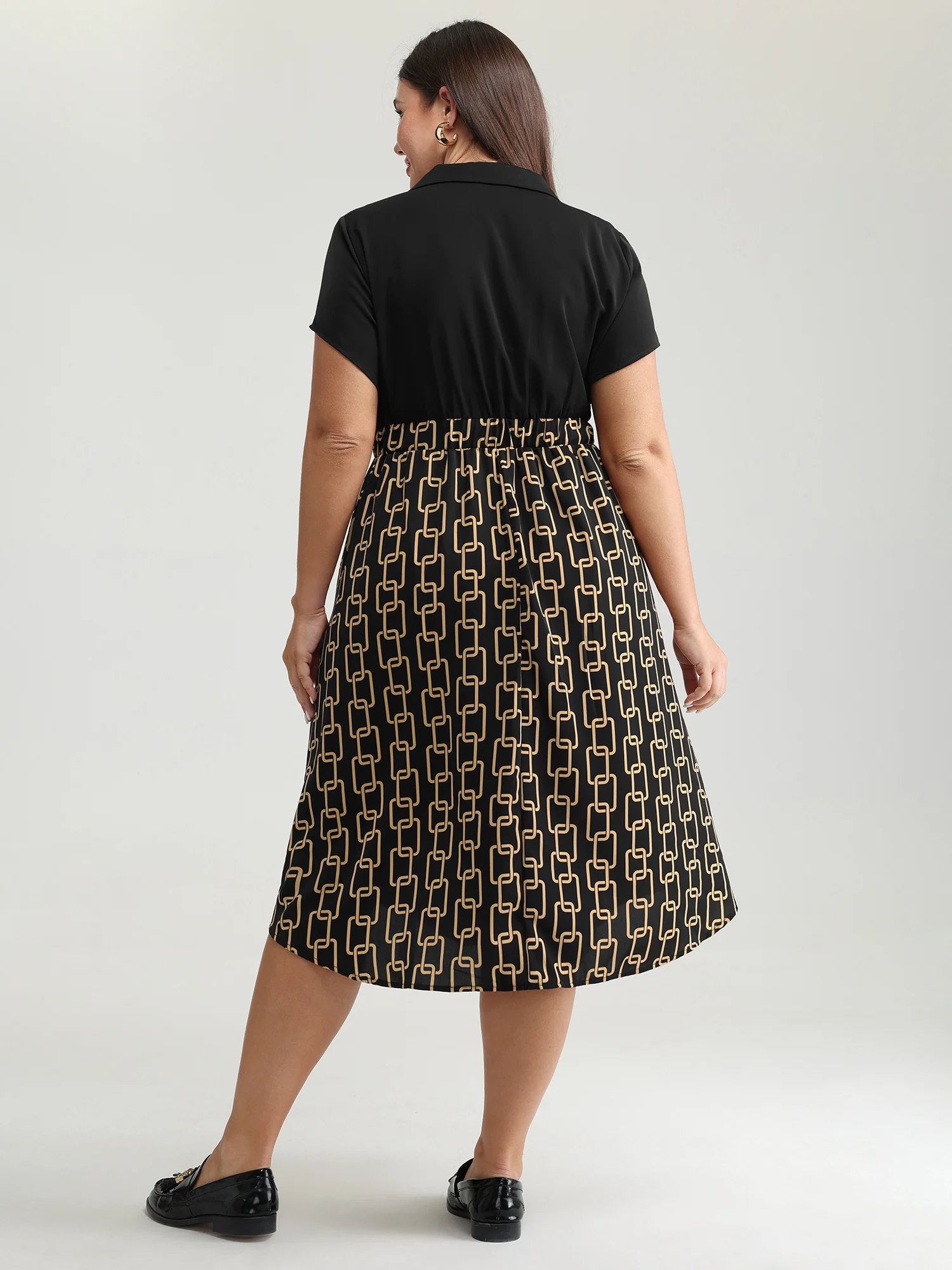 Geometric Print Collar Contrast Midi Dress - Image 4