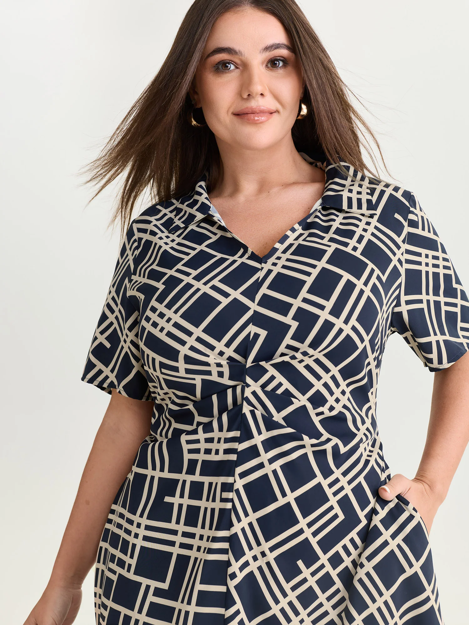 Geometric Print Collar Pleated Midi Dress - Image 2