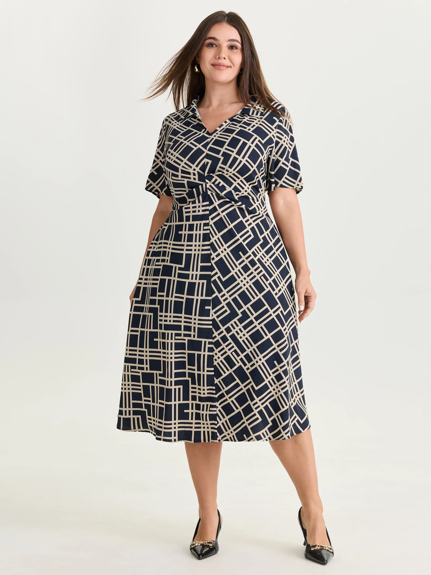 Geometric Print Collar Pleated Midi Dress - Image 3