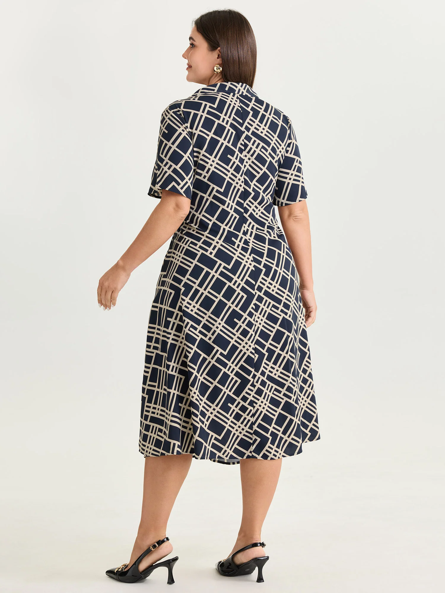 Geometric Print Collar Pleated Midi Dress - Image 4