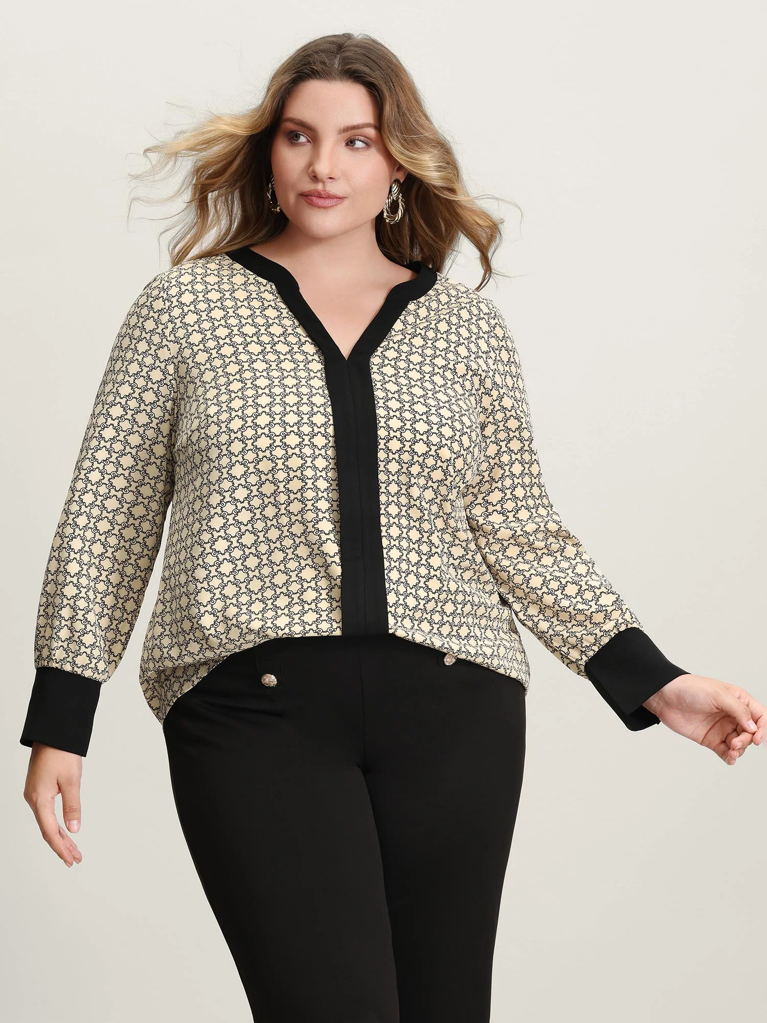 Geometric Print Color Contrast Blouse - Image 4