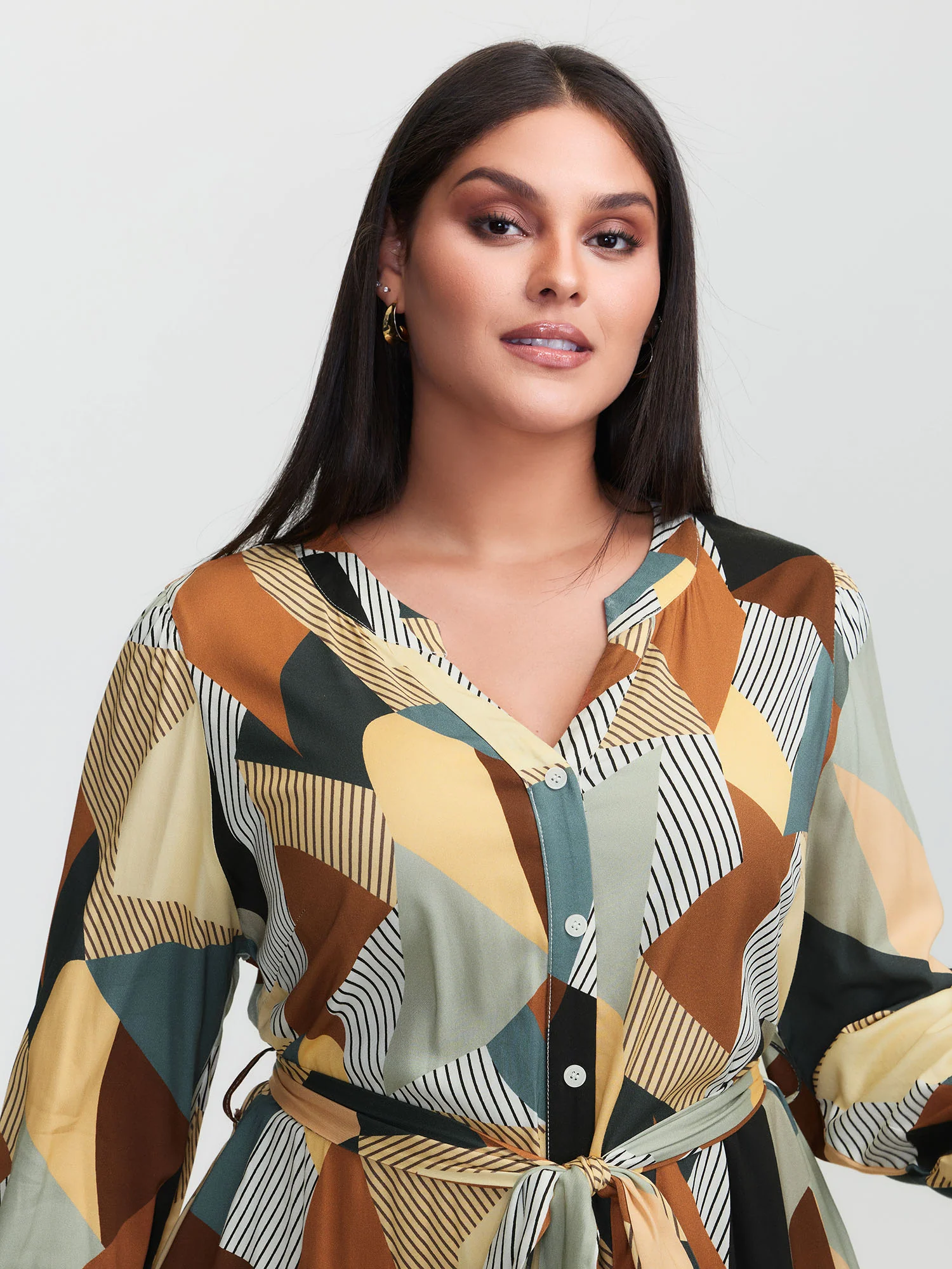 Geometric Print Contrast Tab Sleeve Midi Dress - Image 2