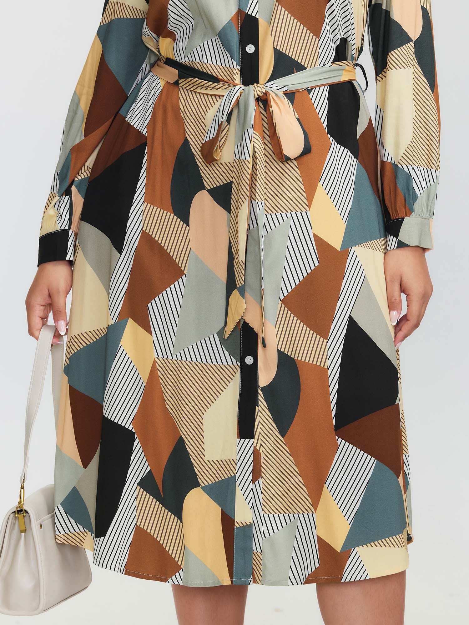 Geometric Print Contrast Tab Sleeve Midi Dress - Image 3