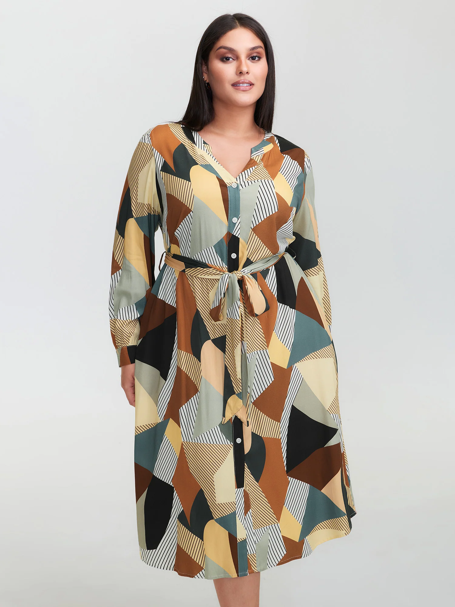 Geometric Print Contrast Tab Sleeve Midi Dress - Image 4