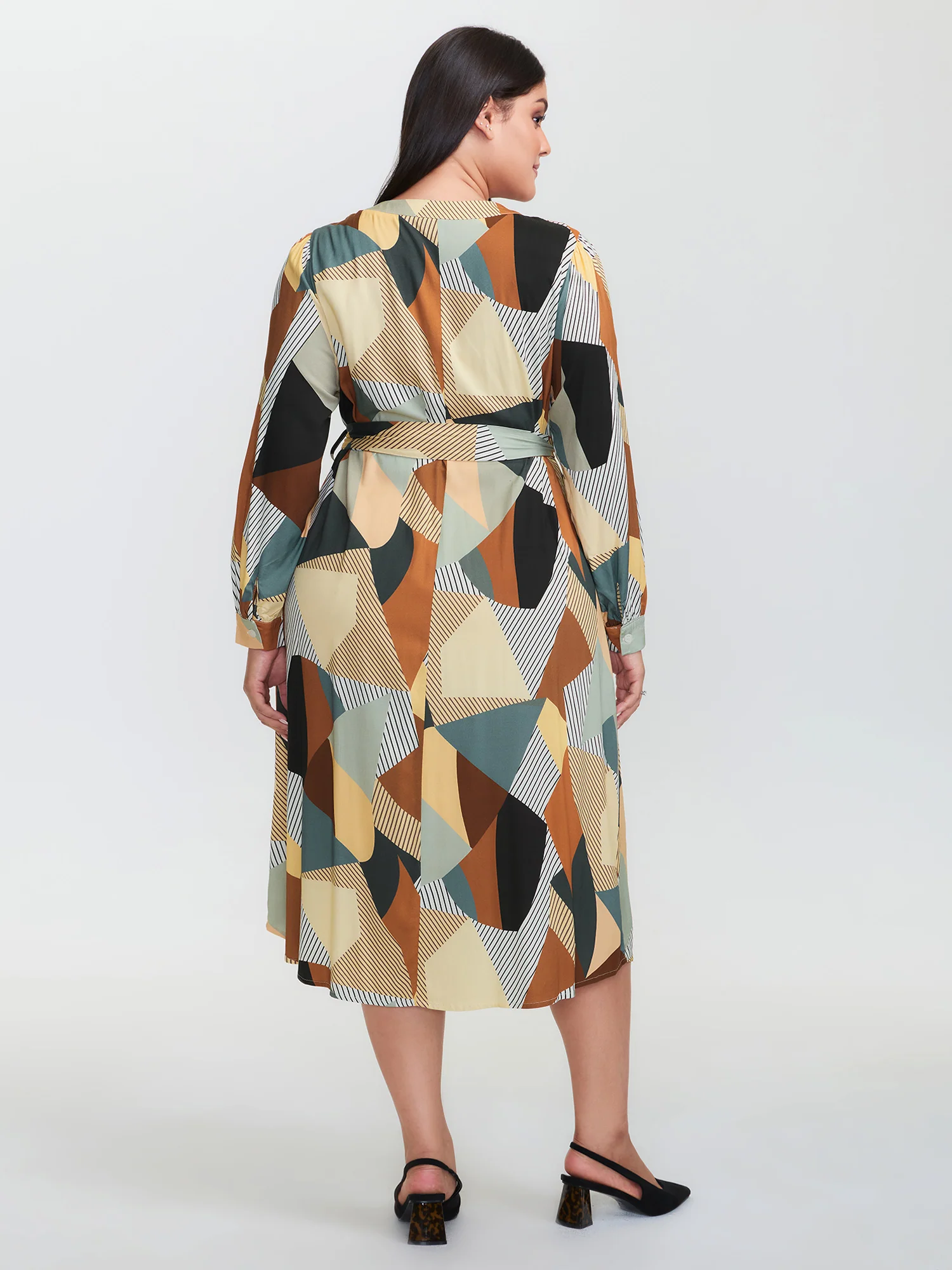 Geometric Print Contrast Tab Sleeve Midi Dress - Image 5