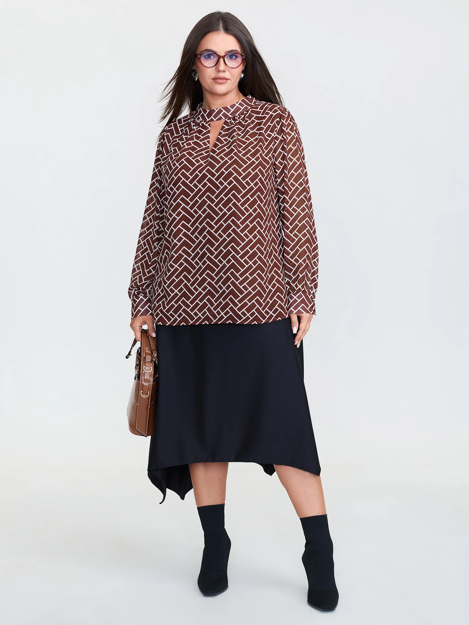 Geometric Print Cut Out Neck Blouse - Image 2