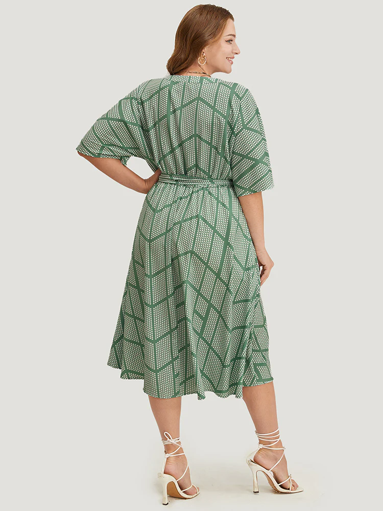 Geometric Print Dolman Sleeve Pocket Belted Ruffles Dress - Image 2