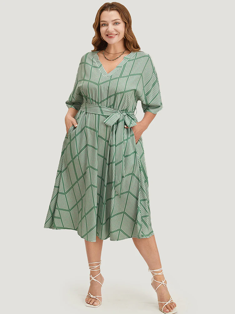 Geometric Print Dolman Sleeve Pocket Belted Ruffles Dress - Image 3