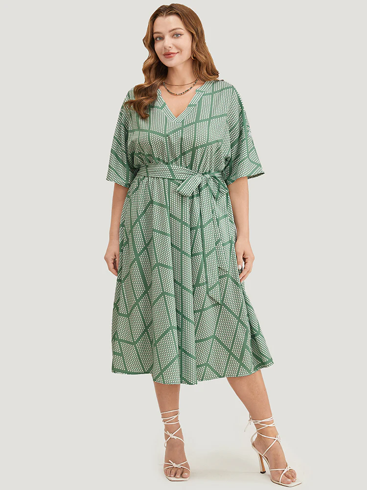 Geometric Print Dolman Sleeve Pocket Belted Ruffles Dress - Image 4
