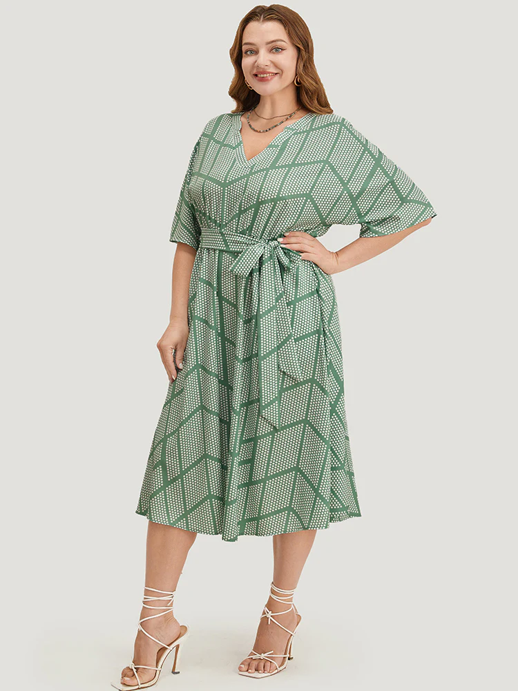 Geometric Print Dolman Sleeve Pocket Belted Ruffles Dress - Image 5