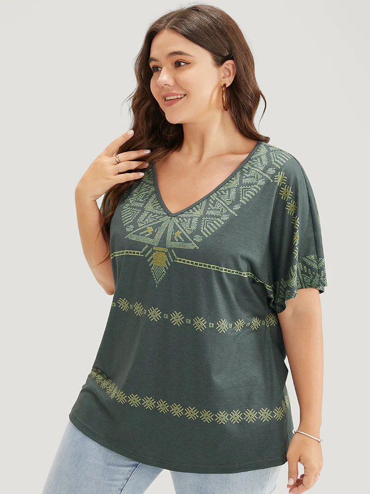 Geometric Print Dolman Sleeve V Neck T-shirt - Image 5