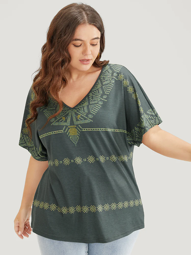 Geometric Print Dolman Sleeve V Neck T-shirt - Image 6
