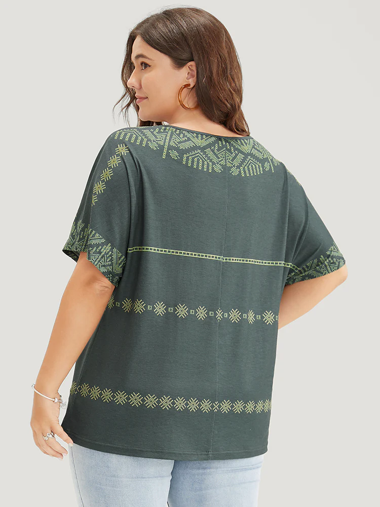 Geometric Print Dolman Sleeve V Neck T-shirt - Image 7
