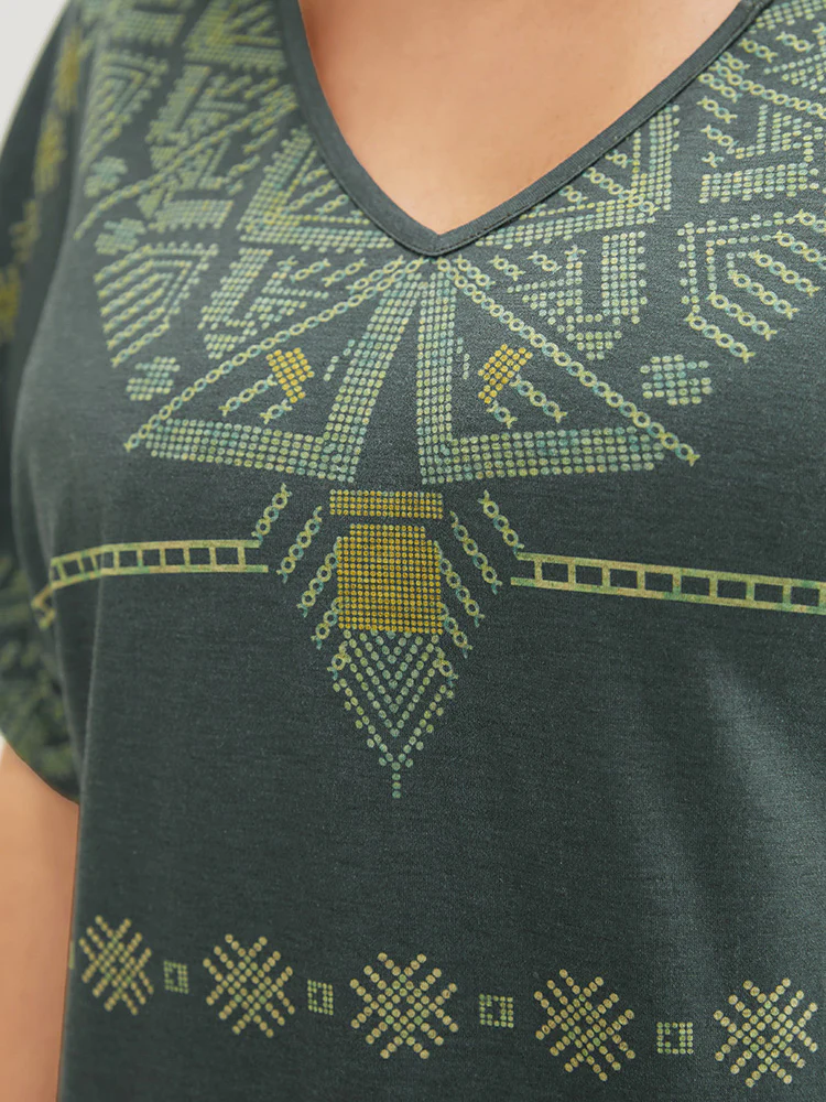 Geometric Print Dolman Sleeve V Neck T-shirt - Image 8
