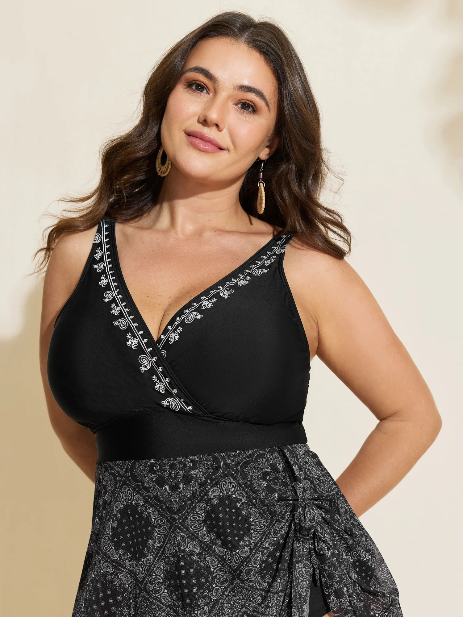 Geometric Print Embroidered Neckline Swim Dress - Image 2